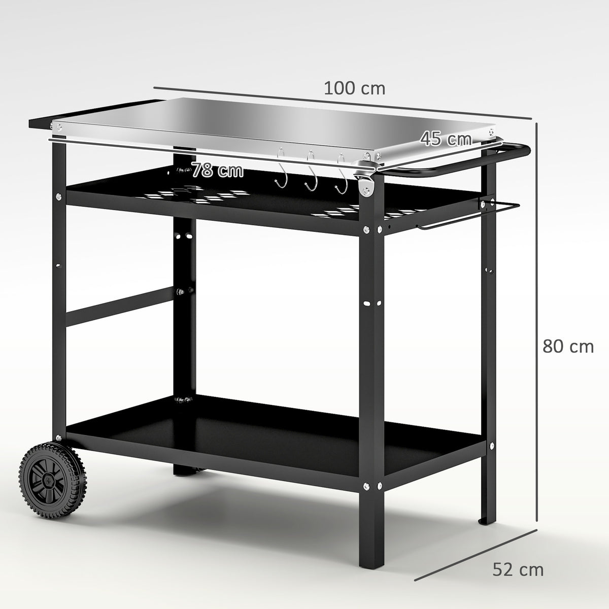 Outsunny Grillwagen 3-Etagen Servierwagen mit Arbeitsfläche Griffe Hülle Räder, BBQ Grilltisch Edelstahl 100x52x80cm Schwarz