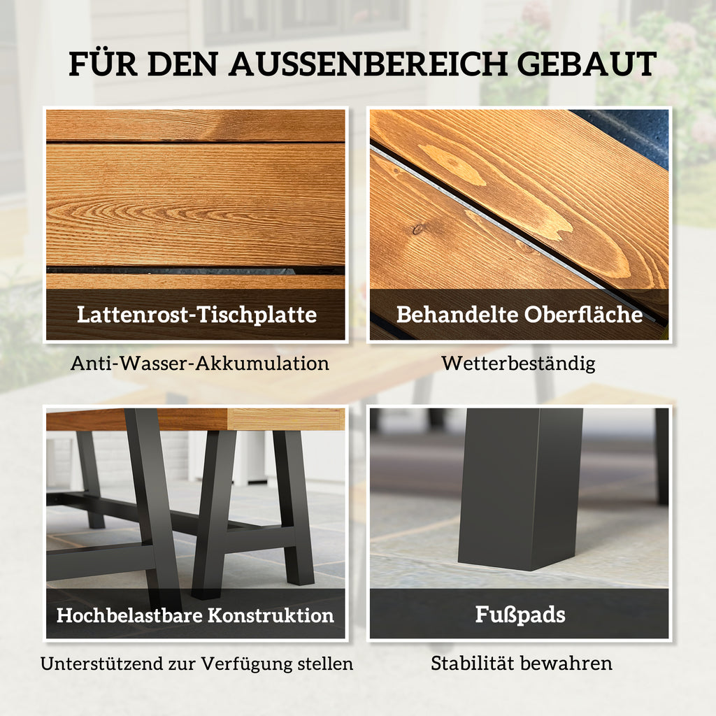 Outsunny Sitzgruppe 3-teilig Holz Essgruppe für 4 Personen Esstisch mit 2 Bänke Teak