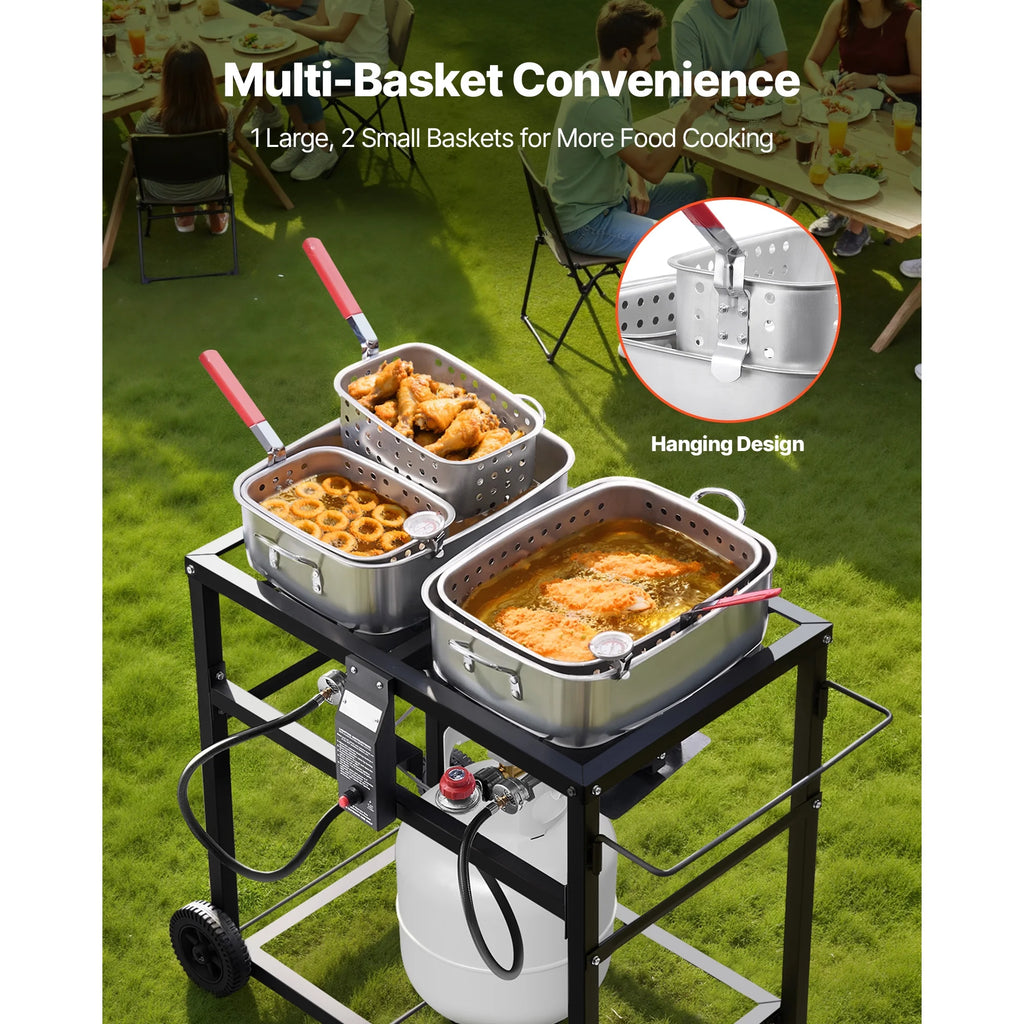 KFFKFF Outdoor Propane Deep Fryer, Dual - Tank 18QT x 2 Commercial Fryer, Portable Frying Cart with Wheels, 3 Baskets, 2 Thermometers, Stainless Steel Cooker for Fish, Wings, and Fries, 40, 000 BTU