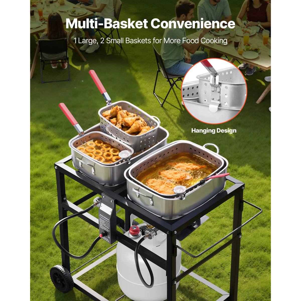 KFFKFF Outdoor Propane Deep Fryer, Dual - Tank 18QT x 2 Commercial Fryer, Portable Frying Cart with Wheels, 3 Baskets, 2 Thermometers, Stainless Steel Cooker for Fish, Wings, and Fries, 40, 000 BTU