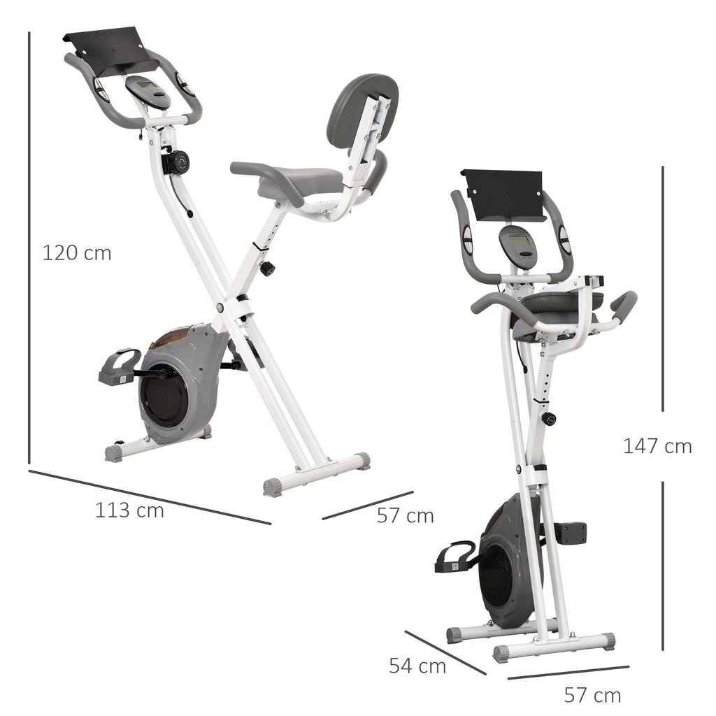 HOMCOM Magnetisches faltbares Heimfahrrad Fitnessfahrrad Innenfahrrad mit großem Komfort verstellbarer Sattel Rückenlehne gepolsterte Griffe LCD-Display Tablettenhalter Stahl Weiß Grau