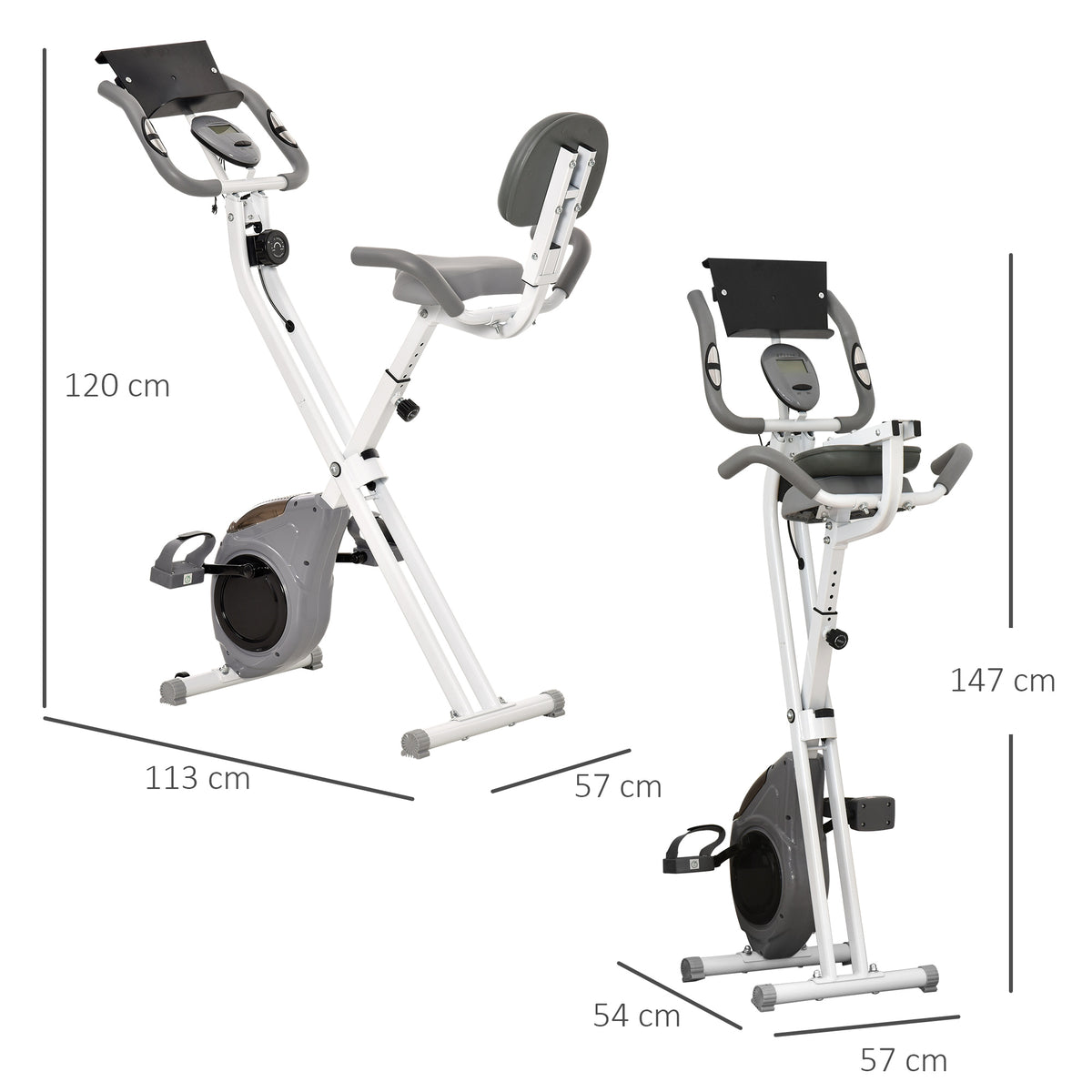 HOMCOM Magnetisches faltbares Heimfahrrad Fitnessfahrrad Innenfahrrad mit großem Komfort verstellbarer Sattel Rückenlehne gepolsterte Griffe LCD-Display Tablettenhalter Stahl Weiß Grau