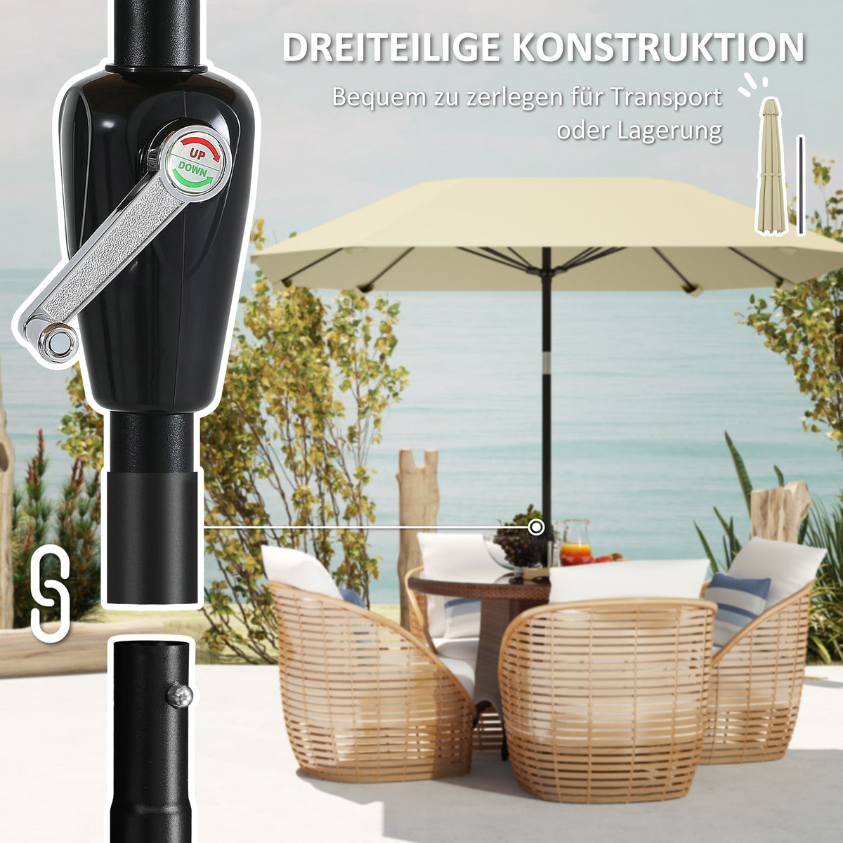 Outsunny 2,3 m Sonnenschirm ohne Basis, Verstellbarer Terrassenschirm mit Kurbel, Polyester, Aluminium, Fiberglas, Beige