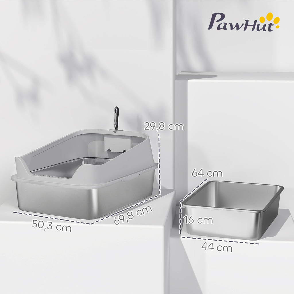PawHut Katzentoilette aus Edelstahl XXL mit hohem Rand und leicht zu reinigender Schaufel Auslaufschutz 70x50x30 cm Grau