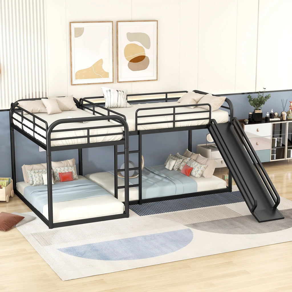 Full and Twin Size L - Shaped Quadruple Metal Bunk Bed with Slide for Kids, Black