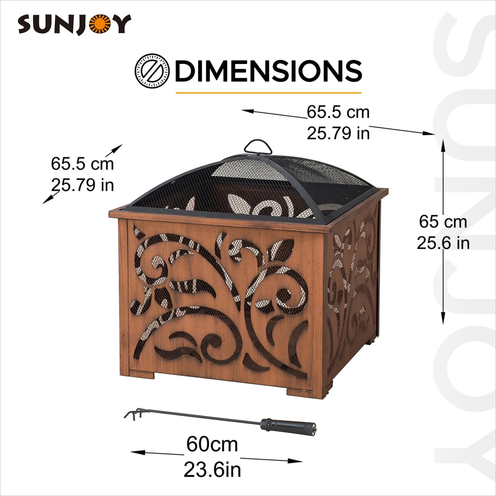 Sunjoy 26 in Fire Pit for Outside, Outdoor Wood Burning Firepit with Steel Mesh Spark Screen and Fire Poker, Large Bonfire for Patio and Backyard