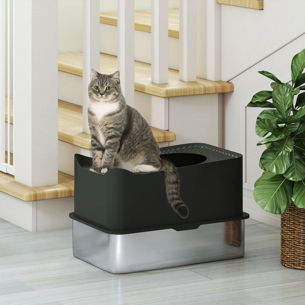 PawHut Edelstahl-Katzentoilette 85L großes Fassungsvermögen halbgeschlossenes Katzenklo, 60 x 40 x 38 cm schwarz