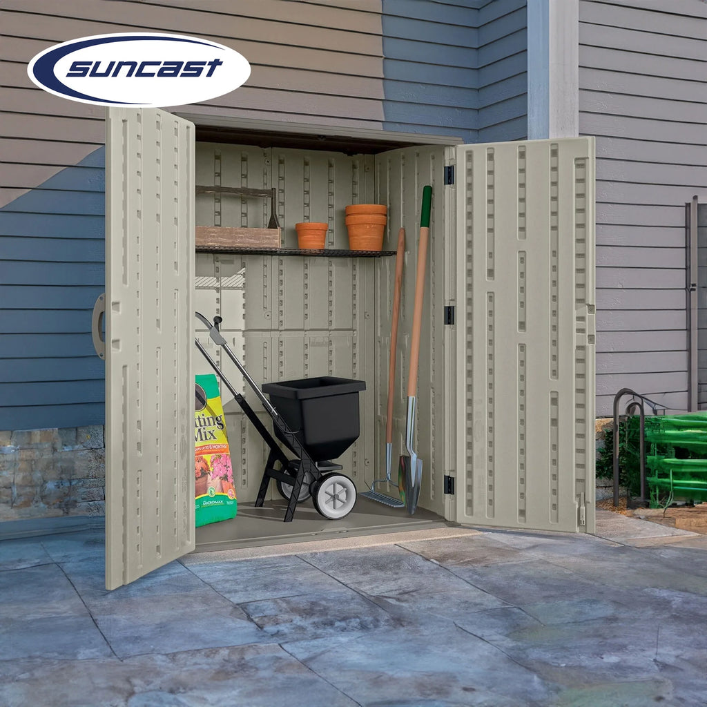Suncast Large Vertical Shed for Storing Oudoor Tools, & Equipment, Sand
