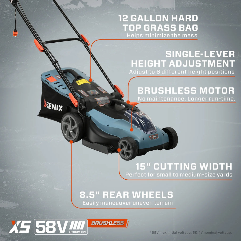 SENIX 40V Brushless 18in Deck Battery Lawn Mower, 17in Cutting Blade, 2 - in - 1 Mulching & Bagging Cordless Push Mower, 6 - Position Adjustment, LPPX2 - M5