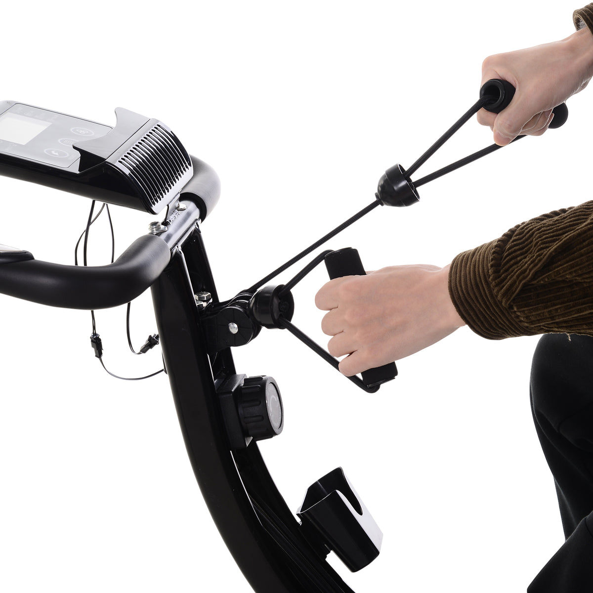 HOMCOM Heimtrainer X-Bike 2-in-1 Fahrradtrainer mit LCD-Display,Pulsmesser, klappbarer Hometrainer Trimmrad mit 8 stufig Magnetwiderstand, 1 Paar Spannseil, Stahl Schwarz 105x48x118 cm