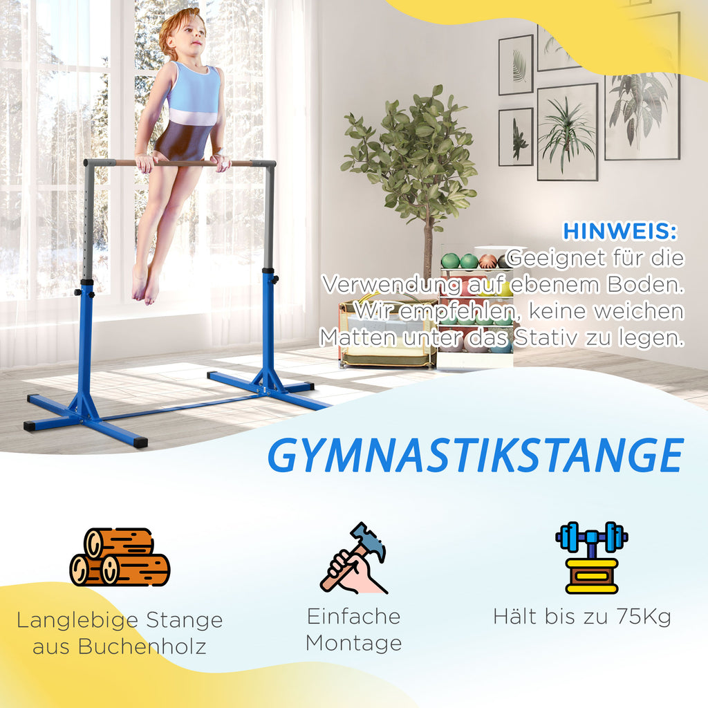 HOMCOM Gymnastik-Turnreck, 13-stufig höhenverstellbar Reckstange, Reck Turnstange aus Holz & stabile Stahlkonstruktion bis 75 kg belastbar, für 3+ Kinder, Indoor, Outdoor, Blau