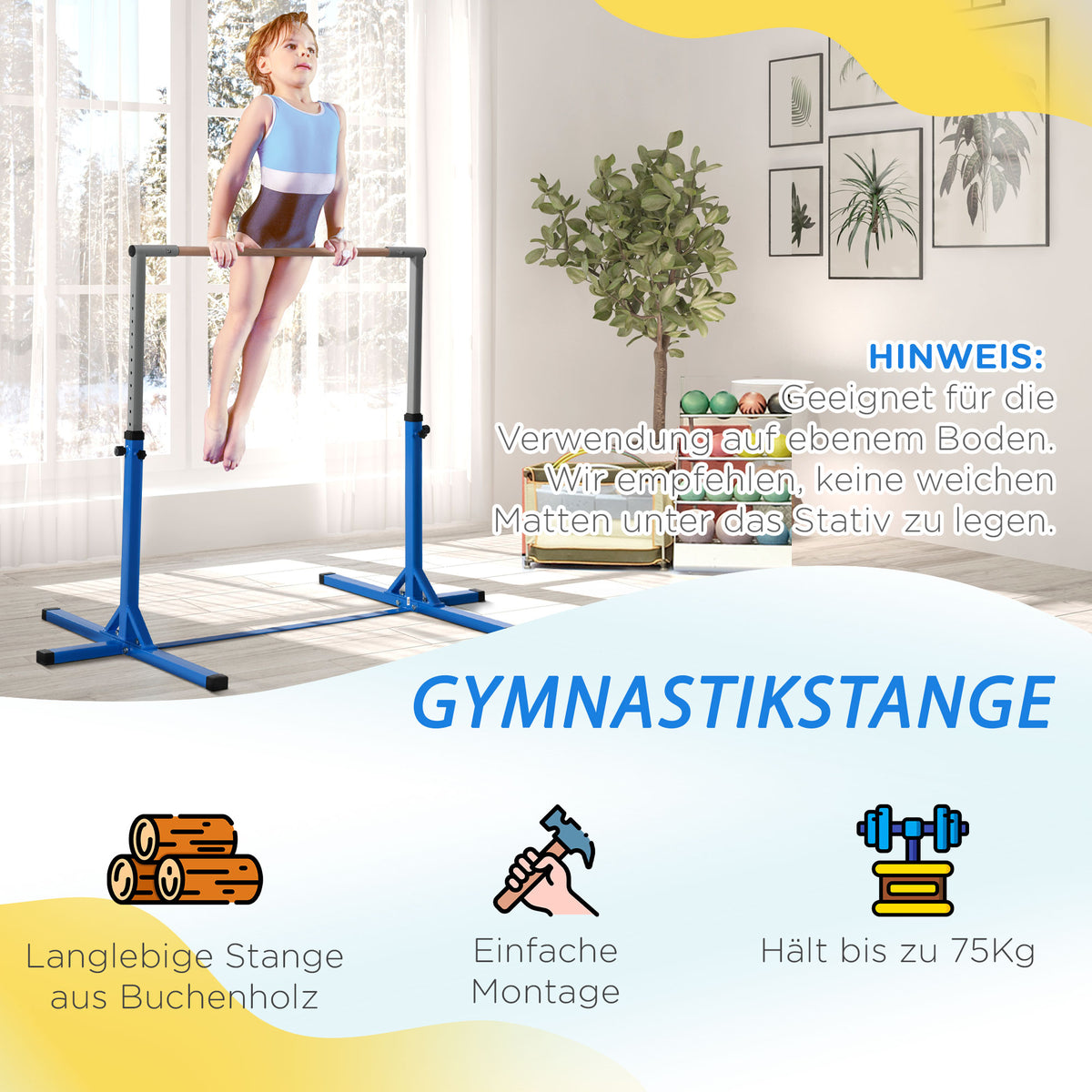 HOMCOM Gymnastik-Turnreck, 13-stufig höhenverstellbar Reckstange, Reck Turnstange aus Holz & stabile Stahlkonstruktion bis 75 kg belastbar, für 3+ Kinder, Indoor, Outdoor, Blau