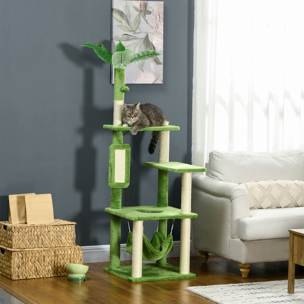 PawHut Kratzbaum für Katzen mit Hängematte, Ball und Sisal Kratzstamm, 49x49x142cm, Grün