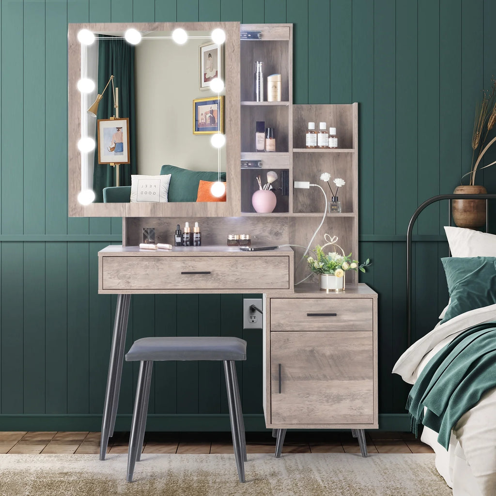 Ktaxon Vanity Set with 3 Color Lighted Mirror & Charging Station, Makeup Table with 3 Storage Shelves & Drawers, Dressing Table Makeup Desk with Stool, Retro Gray