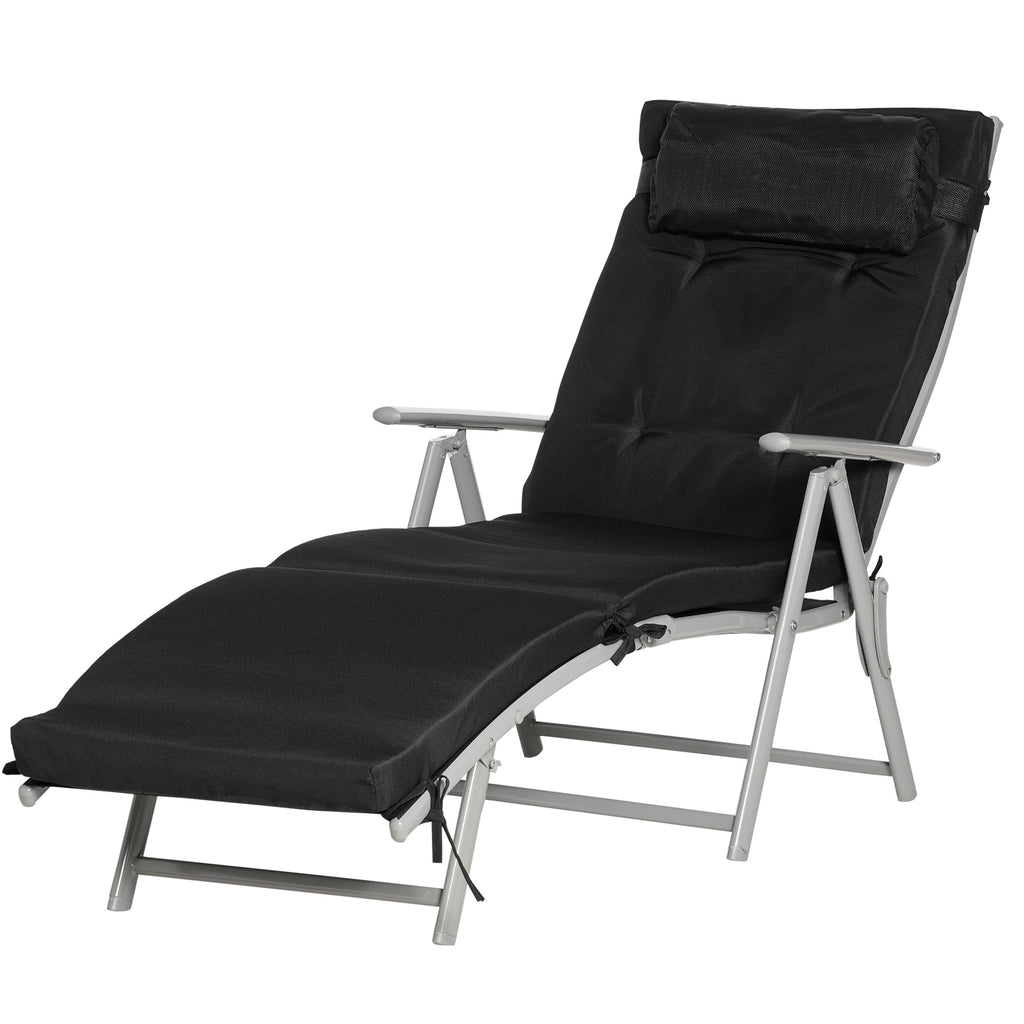 Outsunny Sonnenliege klappbar Strandliege mit Kopfkissen Sitzkissen Liegestuhl mit 7-Fach verstellbare Rückenlehne Gartenliege Relaxliege bis 165 kg belastbar, für Garten Urlaub Outdoor, Schwarz