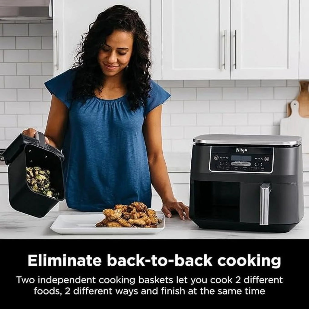 Ninja DZ201 Foodi 8 Quart 6 - in - 1 Dualzone 2 - Basket Air Fryer with 2 Independent Frying Baskets, Match Cook & Smart Finish to Roast, Broil, Dehydrate & More for Quick, Easy Meals, Grey