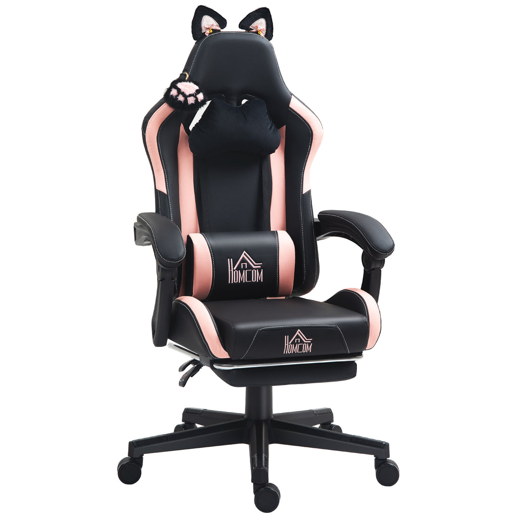 HOMCOM Reclinabile Gaming-Stuhl mit Poggiapiedi und Kissen, Kunstleder und Schwamm, 65x62x116-124 cm, Rosa und Schwarz