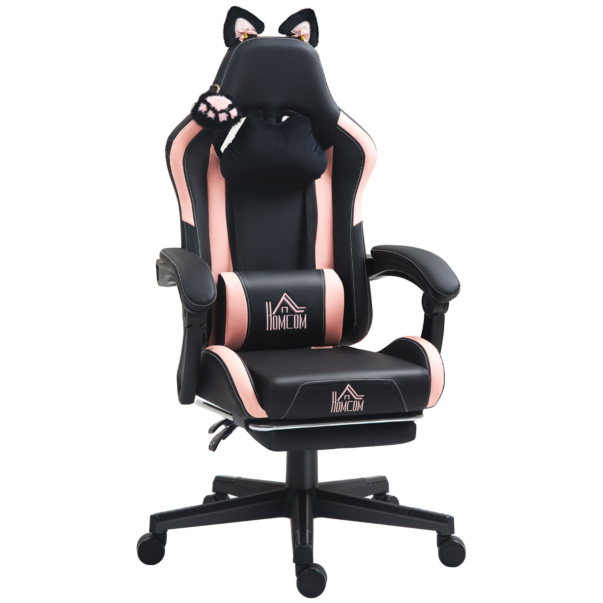 HOMCOM Reclinabile Gaming-Stuhl mit Poggiapiedi und Kissen, Kunstleder und Schwamm, 65x62x116-124 cm, Rosa und Schwarz