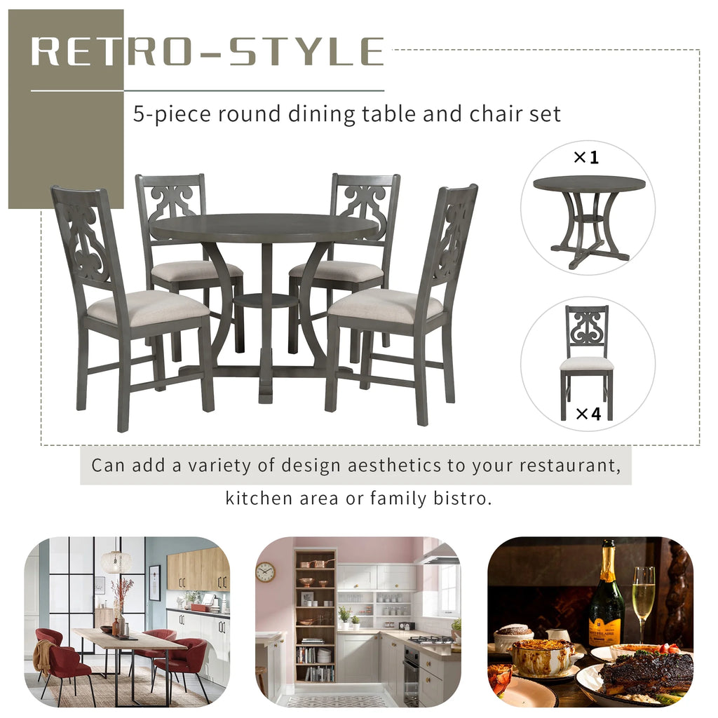 Harper & Bright Designs 5 Pieces Wooden Round Dining Table and Chair Set with Special - Shaped Legs and an Exquisitely Designed Hollow Chair Back for Dining Room