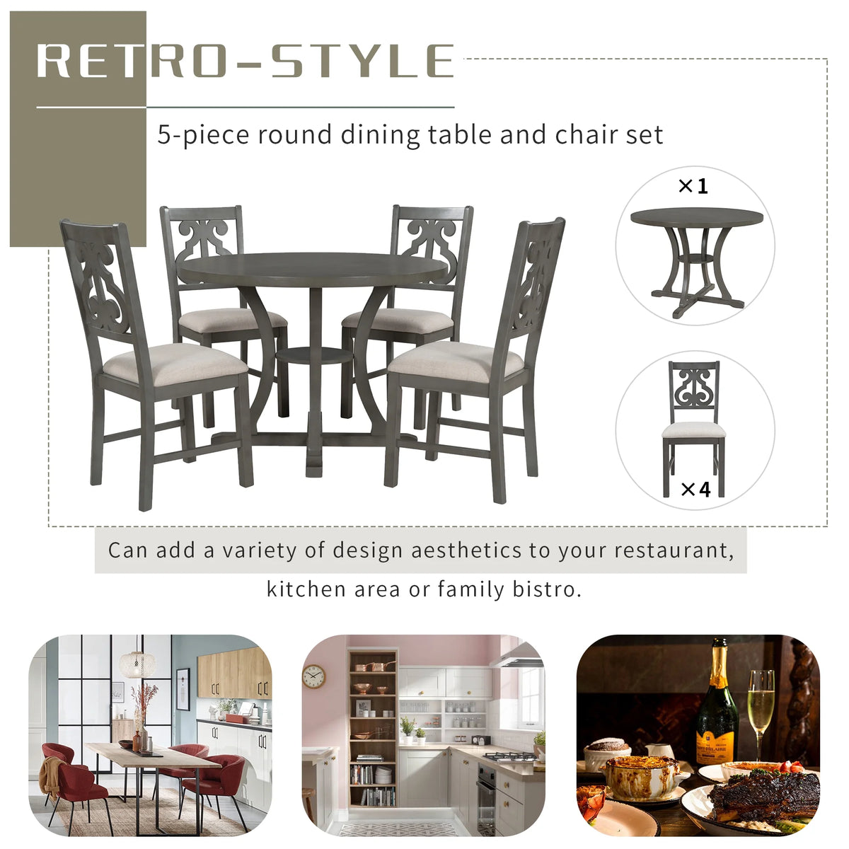 Harper & Bright Designs 5 Pieces Wooden Round Dining Table and Chair Set with Special - Shaped Legs and an Exquisitely Designed Hollow Chair Back for Dining Room