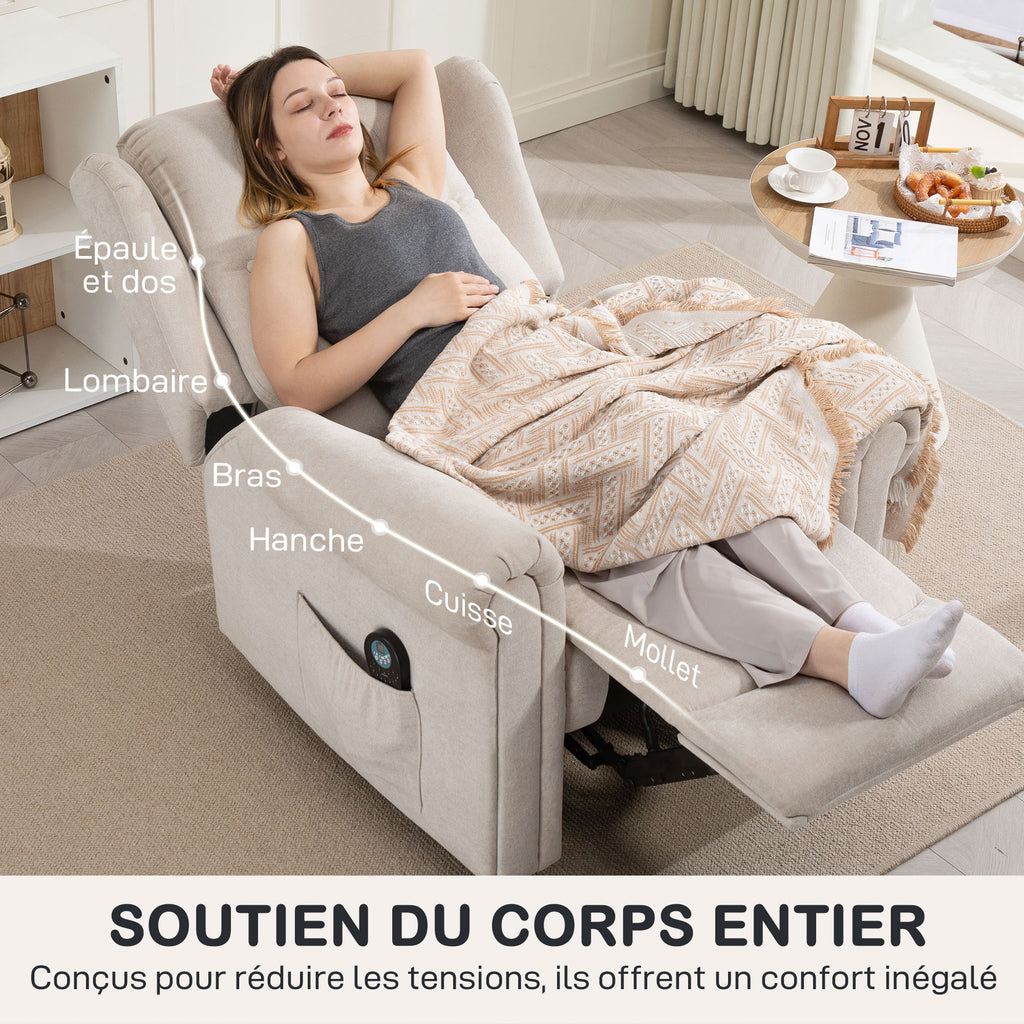 HOMCOM Elektrischer Massage- und Heizrelaxsessel mit manuell verstellbarem Rücken und Fußstütze, Seitentasche, beige