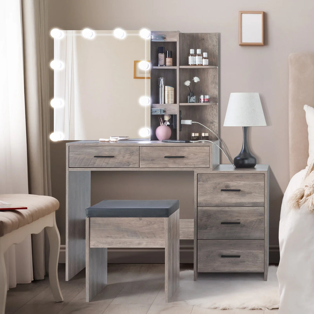 Ktaxon Vanity Set with 3 Color Lighted Mirror & Charging Station, Makeup Table with 3 Storage Shelves & Drawers, Dressing Table Makeup Desk with Stool, Retro Gray