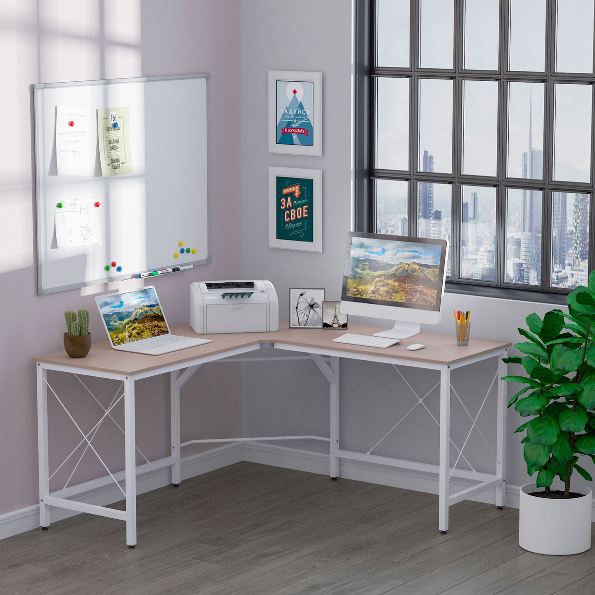 HOMCOM Computertisch Schreibtisch L-Form Arbeitstisch Bürotisch Eckschreibtisch Winkelschreibtisch MDF Natur 150 x 150 x 76 cm