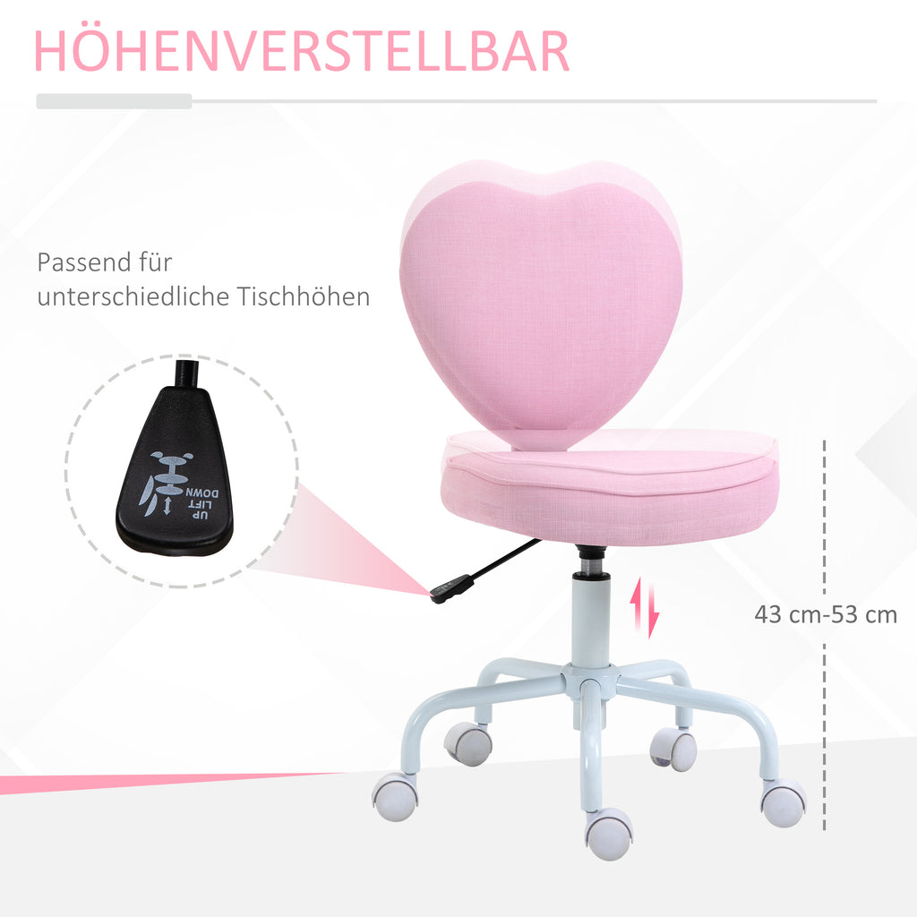 HOMCOM Drehstuhl, niedliches Herz-Design, höhenverstellbar, Stoffbezug in Leinenoptik, rosa, 40 x 50 x 79-89 cm