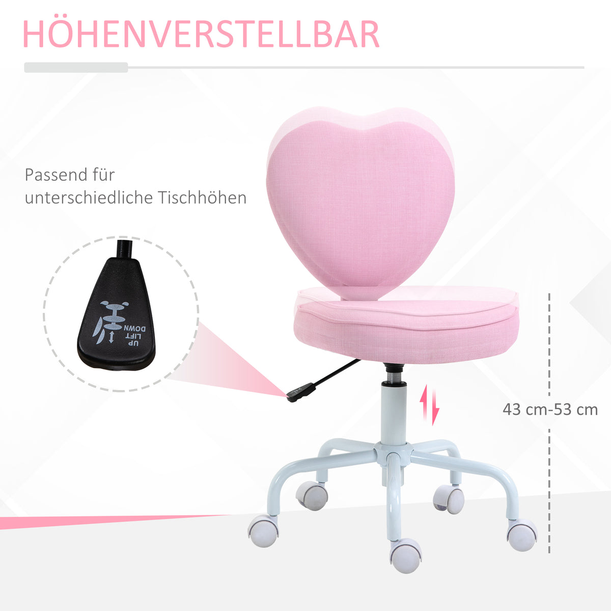 HOMCOM Drehstuhl, niedliches Herz-Design, höhenverstellbar, Stoffbezug in Leinenoptik, rosa, 40 x 50 x 79-89 cm