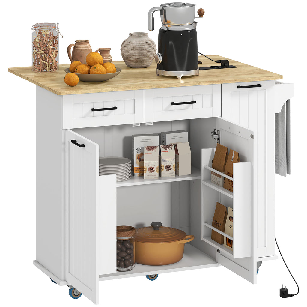 HOMCOM Mobile Kücheninsel mit Steckdose und USB-Port, klappbare Arbeitsplatte, verstellbares Regal Weiß
