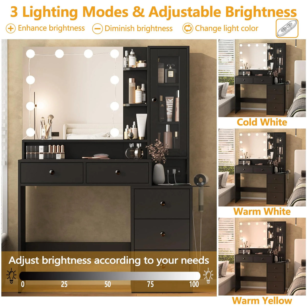 VEANERWOOD Makeup Vanity Desk with Lighted Mirror and Power Strip, Modern Vanity Table with 5 Drawers, White
