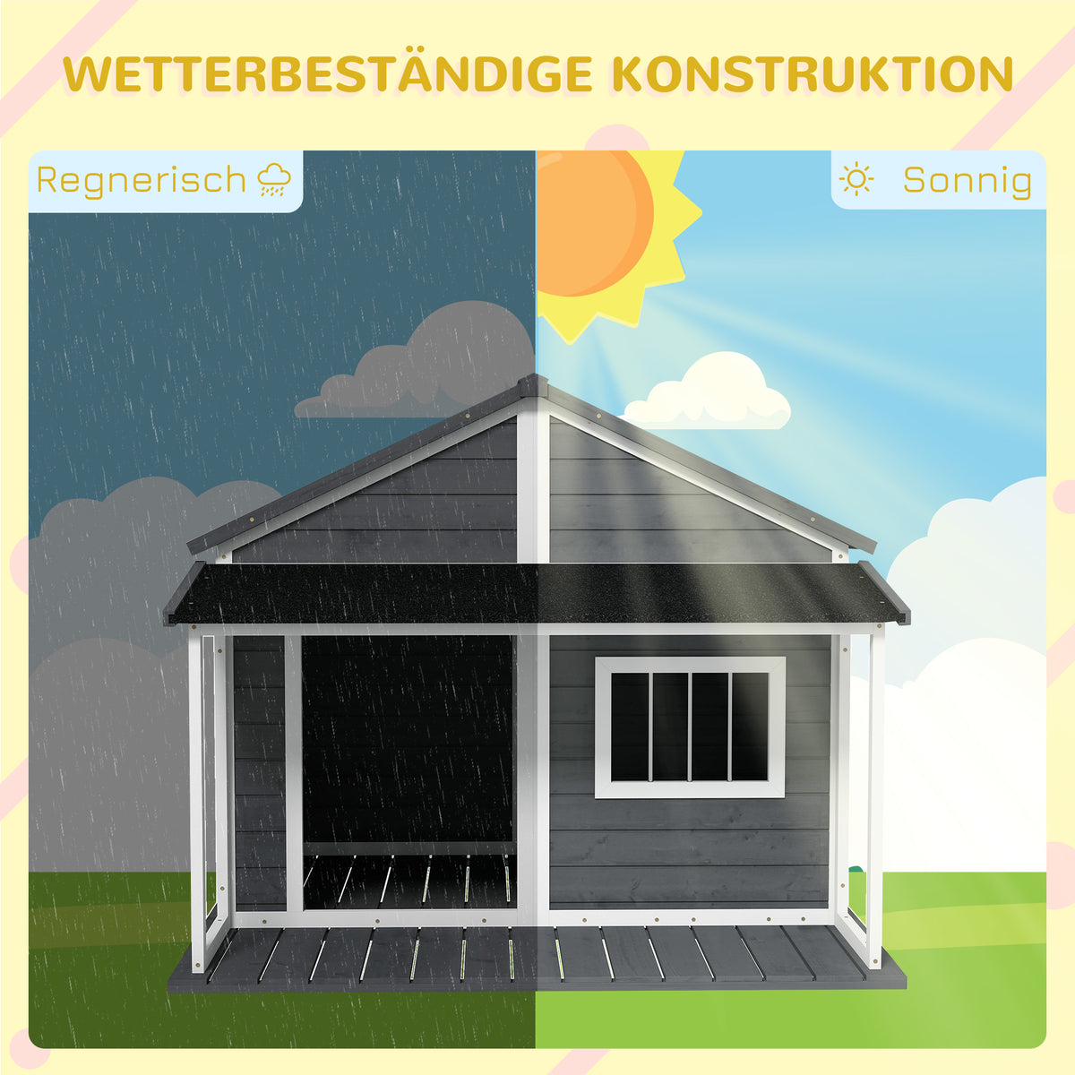 PawHut Hundehütte Outdoor-Hundehütte, inkl. Veranda, wetterbeständig, 124 cm x 112 cm x 105 cm, Grau + Weiß