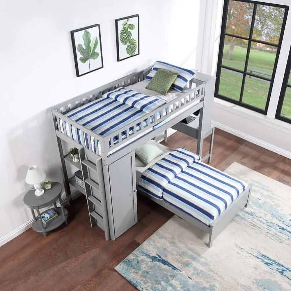 Twin Loft Bed with Closet & Desk, Wood Bed Frame with Movable Bed, Bunk Bed for Kids Adult, Gray