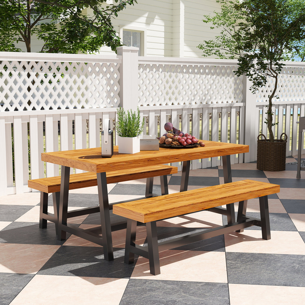 Outsunny Sitzgruppe 3-teilig Holz Essgruppe für 4 Personen Esstisch mit 2 Bänke Teak