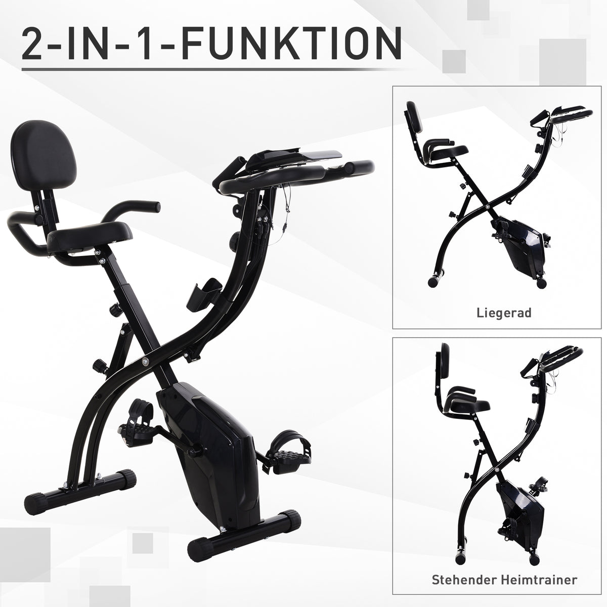 HOMCOM Heimtrainer X-Bike 2-in-1 Fahrradtrainer mit LCD-Display,Pulsmesser, klappbarer Hometrainer Trimmrad mit 8 stufig Magnetwiderstand, 1 Paar Spannseil, Stahl Schwarz 105x48x118 cm