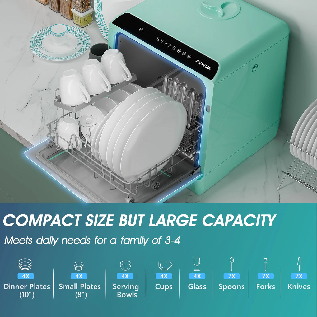 AIRMSEN Portable Countertop Dishwasher with 5 - Liter Built - in Water Tank and Air - Dry Function, 5 Washing Programs Mini Dishwasher, AE - TDQR03