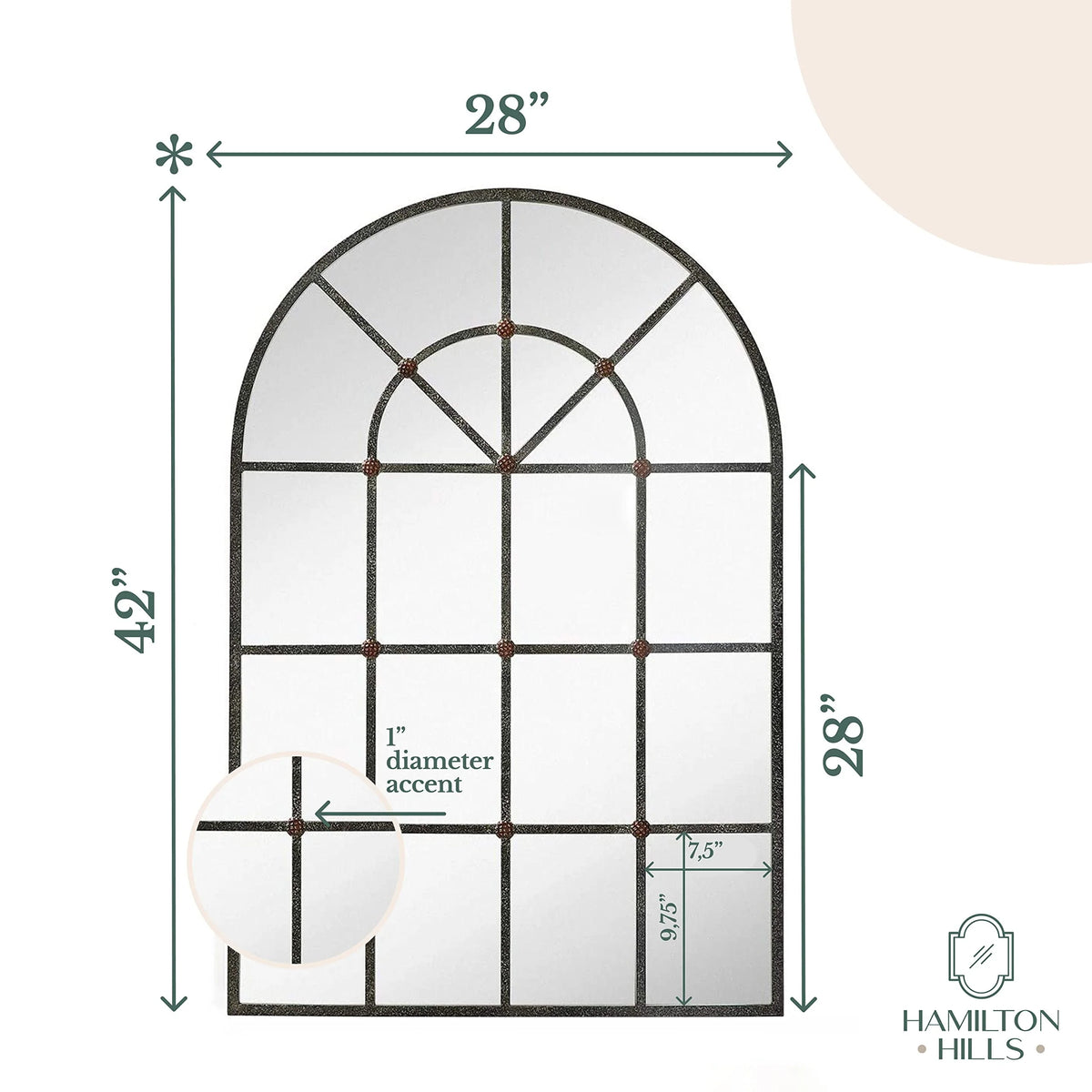 Hamilton Hills Metal Arched Window Mirror Large Wall Mirrors Decorative Piece and Arch Decor 28" x 42"