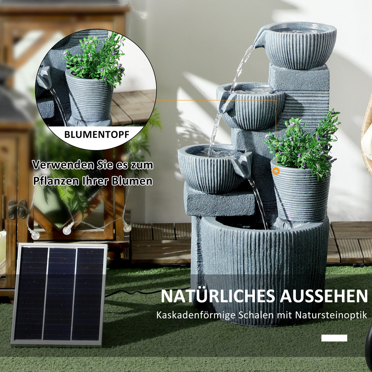 Outsunny Gartenbrunnen, Naturoptik, 4-stufig, Solarbetrieb, LEDs, 57cm Höhe, Dunkelgrau