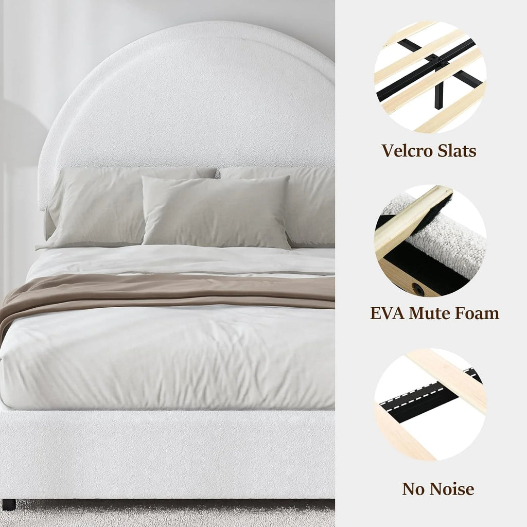 4 EVER WINNER Queen Size Bed Frame, Boucle Upholstered Bed Frame with Headboard, White Queen Bed Frame, White