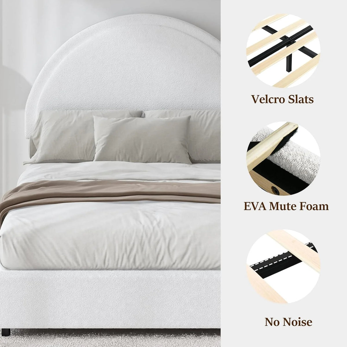 4 EVER WINNER Queen Size Bed Frame, Boucle Upholstered Bed Frame with Headboard, White Queen Bed Frame, White