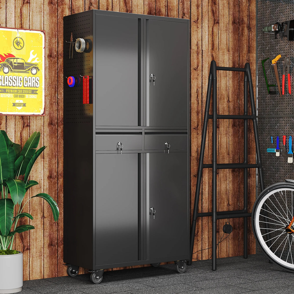 Aobabo Metal Storage Cabinet with Lock, Garage Storage Cabinet with Wheels, 72in Steel Storage Cabinet for Garage Home Storage, Black Required - Assembly