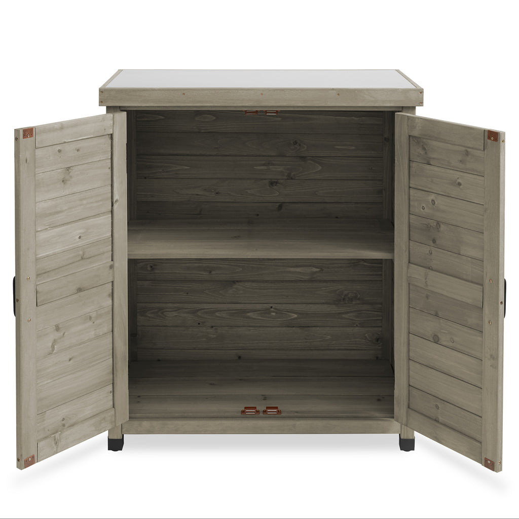 Outdoor Storage Cabinet and Potting Bench with Metal Tabletop and Storage Cabinet - Wooden Outdoor Garden Patio Workstation Table, Gray
