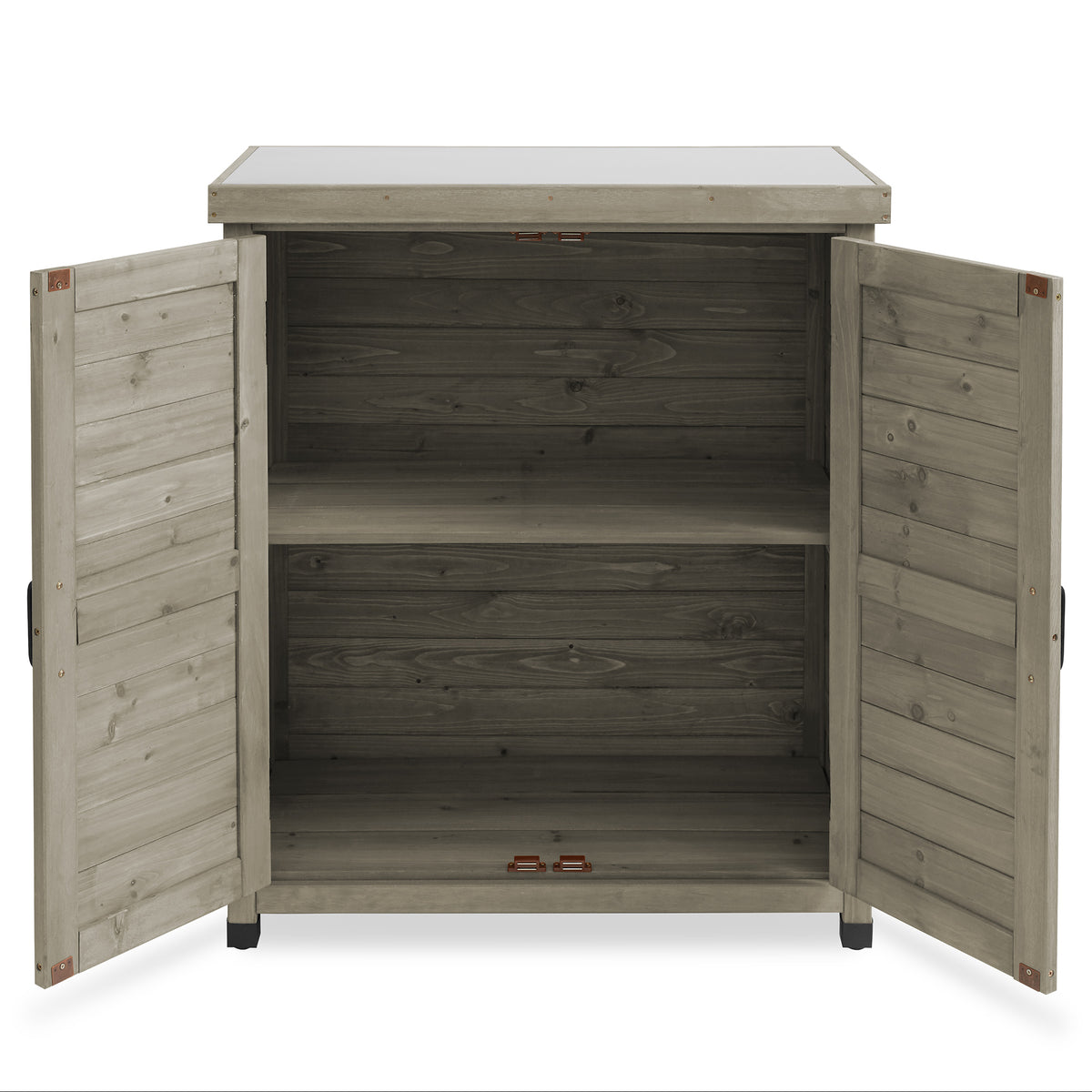 Outdoor Storage Cabinet and Potting Bench with Metal Tabletop and Storage Cabinet - Wooden Outdoor Garden Patio Workstation Table, Gray