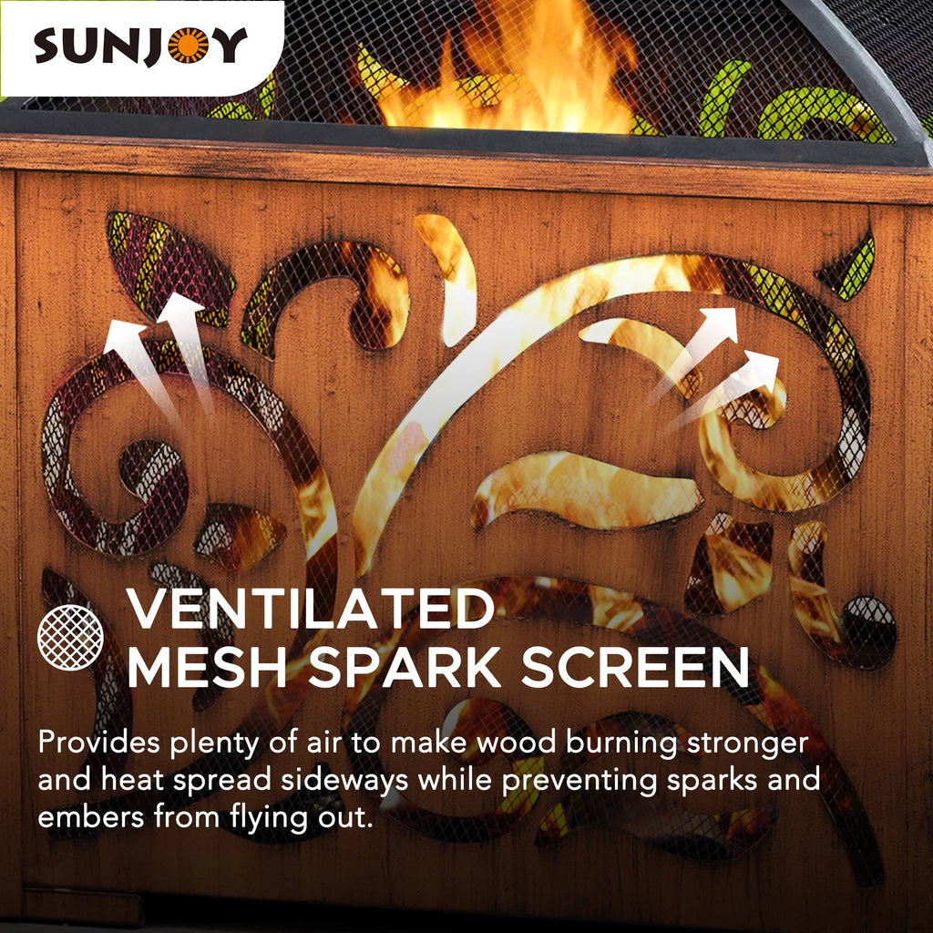 Sunjoy 26 in Fire Pit for Outside, Outdoor Wood Burning Firepit with Steel Mesh Spark Screen and Fire Poker, Large Bonfire for Patio and Backyard