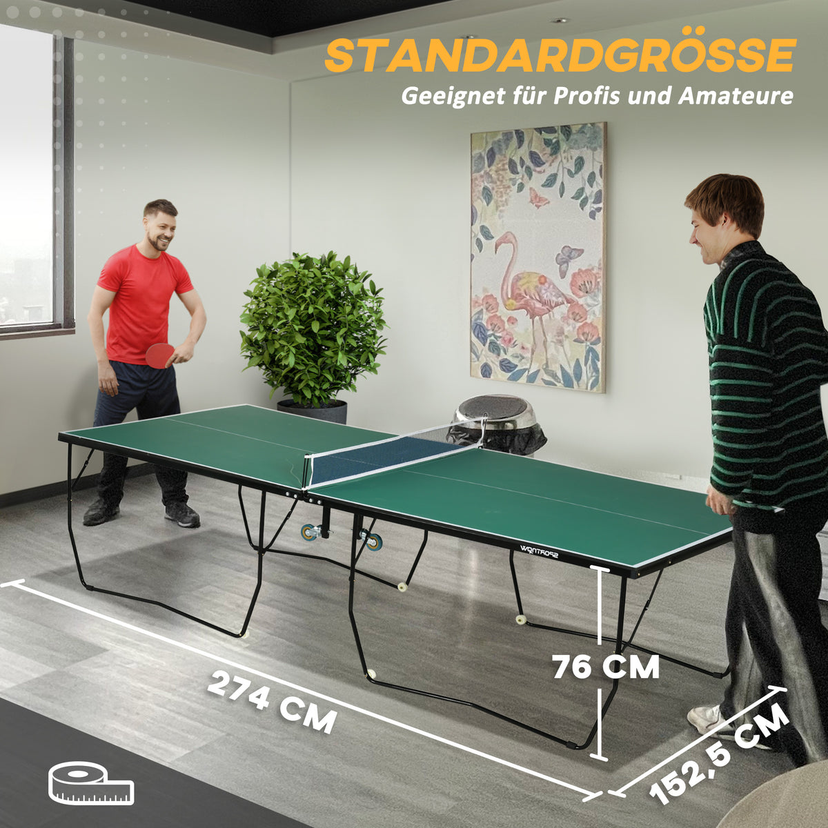 SPORTNOW Tischtennisplatte Tischtennis-Set, klappbar, 8 Rollen, inkl. Schläger u. Bälle, 274 cm x 152.5 cm x 76 cm, Grün