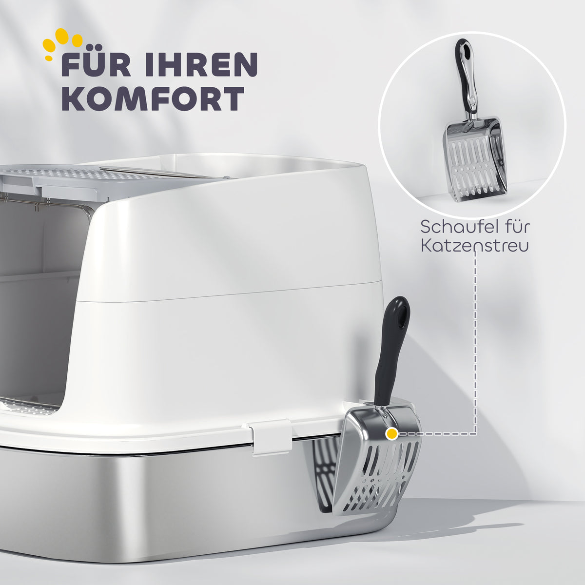 PawHut Katzentoilette Edelstahl, geschlossene Katzentoilette mit Schaufel, Geruchsbeutel, Einstieg Ausgang