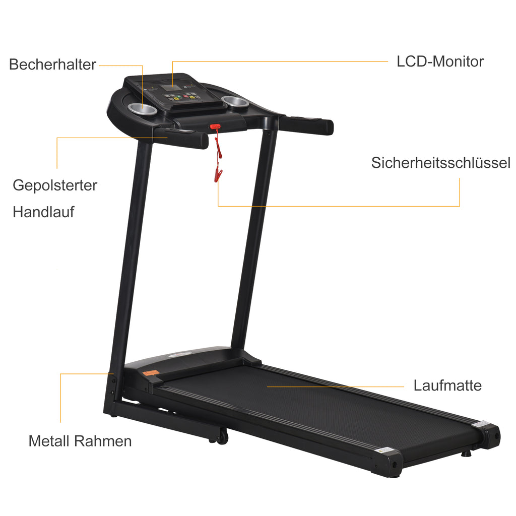 HOMCOM Laufband Klappbar elektrisch 500 W 1-12 km/h LED-Display Getränkehalter und Handyhalterung sehr gut geeignet für Home Gym Indoor Fitness Schwarz 134 x 60 x 118 cm