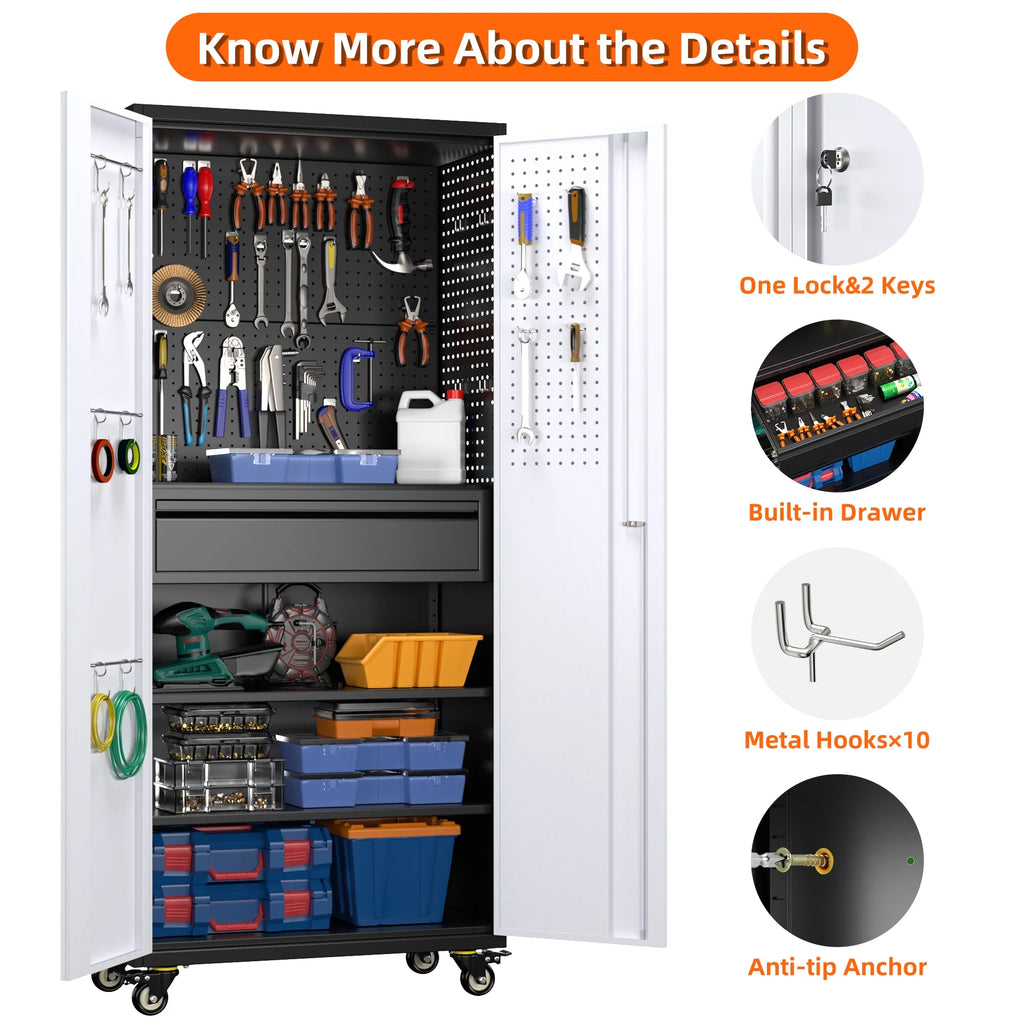 Aobabo Metal Storage Cabinet with Lock, Garage Storage Cabinet with Wheels, 72in Steel Storage Cabinet for Garage Home Storage, Black Required - Assembly