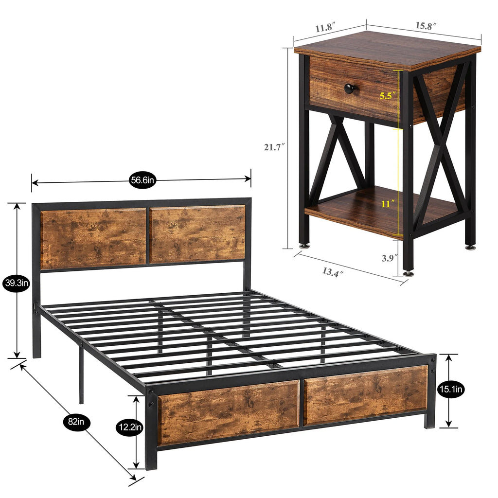 VECELO 3 - Piece Bedroom Set with Twin Size Bed Frame and 1 - Drawer Black Nightstands