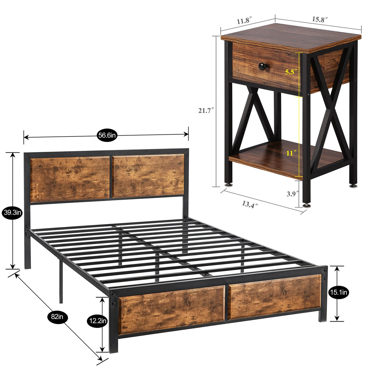 VECELO 3 - Piece Bedroom Set with Twin Size Bed Frame and 1 - Drawer Black Nightstands